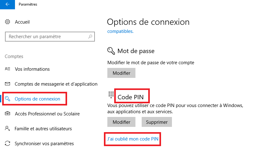 récupérer le code PIN oublié dans Windows 10